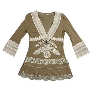 Passion Concept Womens Size S Sheer Y2K Lace V-Neck Long Blouse *Flaw